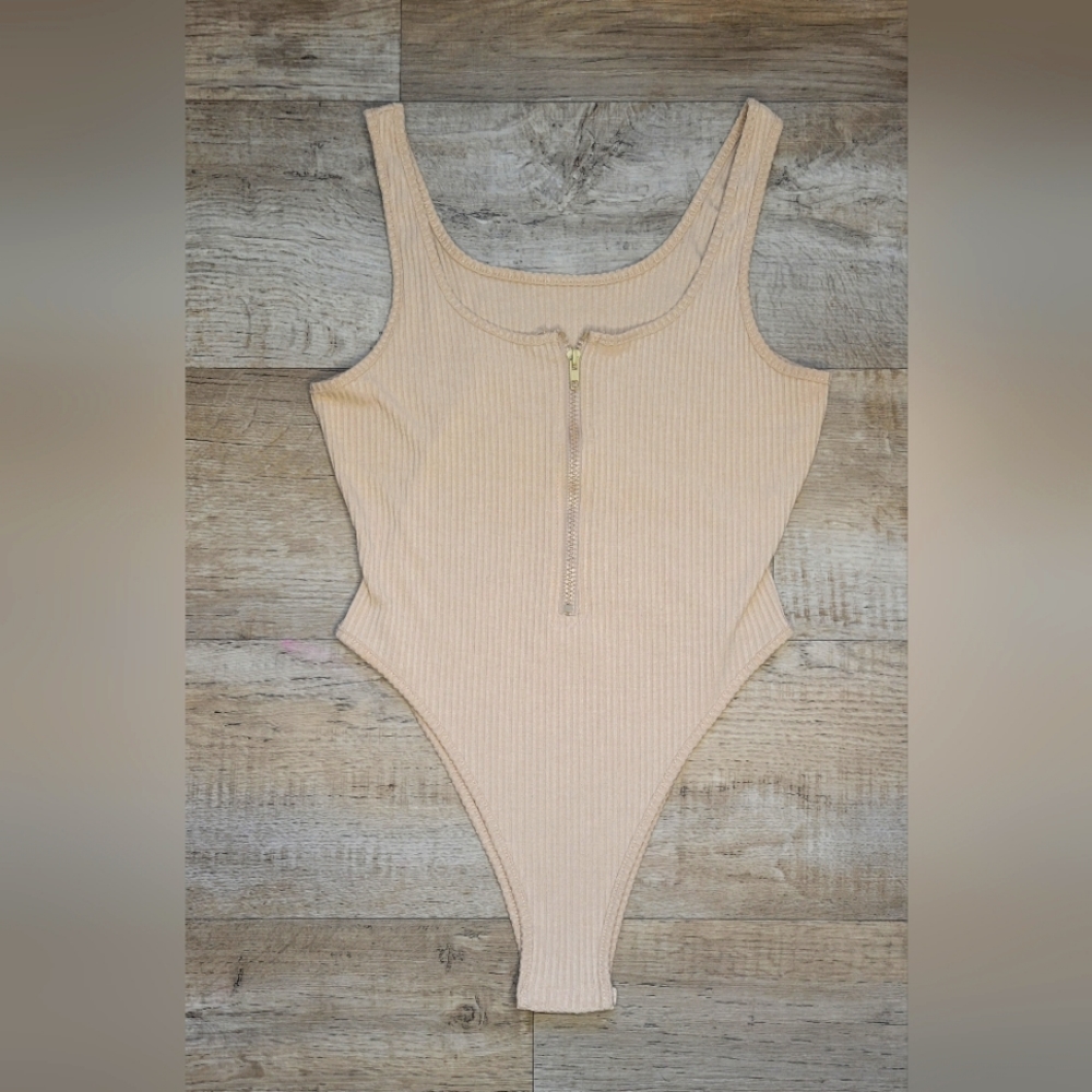 Ribbed Zip Front Solid Bodysuit